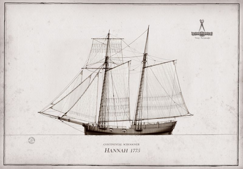 1775 Continental Schooner Hannah pen ink study by Tony Fernandes